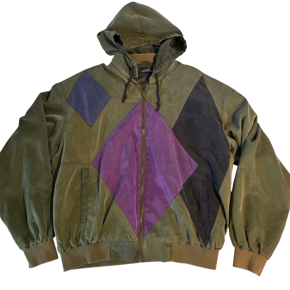 Vintage 90s Saxony Collection Silk Blend Colorblock Hooded Bomber Jacket L Green